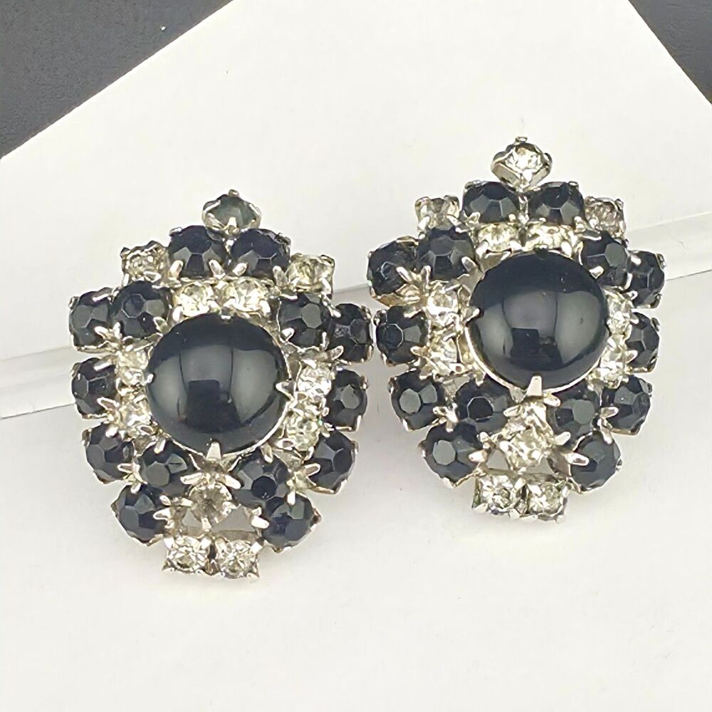 Sparkly Vintage Black White Rhinestone Silver Tone Screw Back Earrings 1.25"